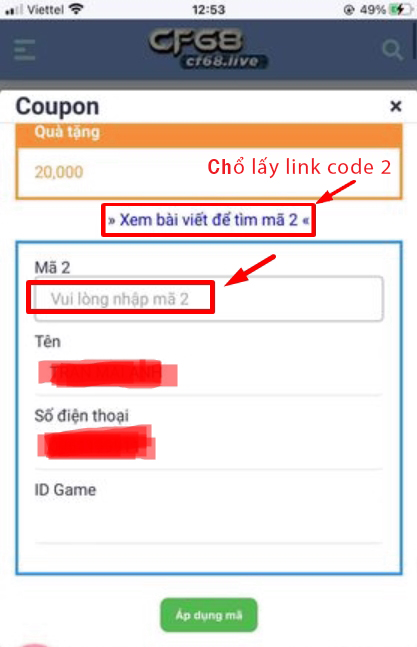 Chổ tìm code 2 và nhập code 2